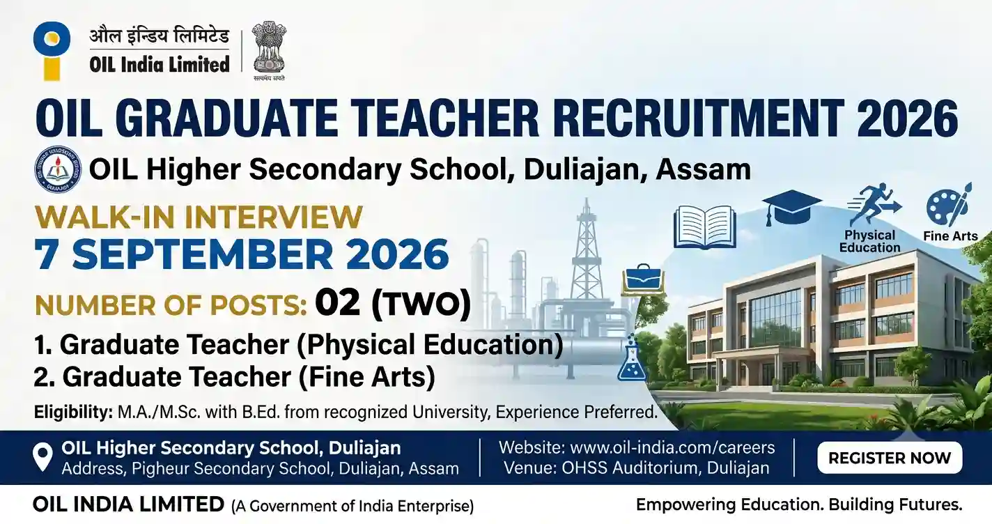 Oil India Graduate Teacher Recruitment 2026 – 2 Posts, Walk-in on 7 September